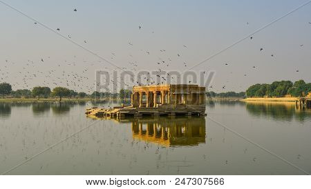 View Of Gadsisar Lake With Ancient Hindu Temples At Sunny Day In Jaisalmer, India.