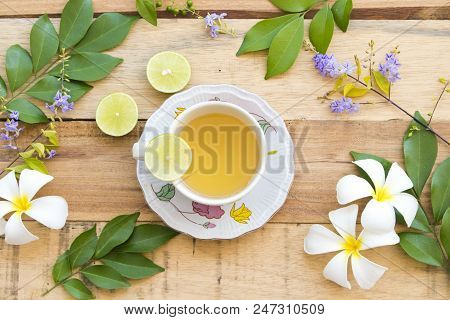 Herbal Health Care Hot Mix Honey Lemon And Cough Sore Throat Pastille With All Flowers Leaves On Bac