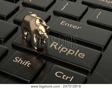 3d Render Of Computer Keyboard With Ripple Button And Bear. Cryptocurrencies Concept.