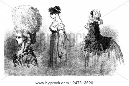 As the mode proceeding by Bofse, a tendency to go down, vintage engraved illustration. From The Tortures of Fashion.