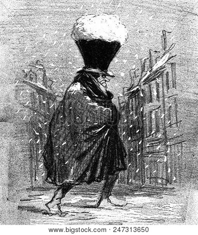 Tromblon hat, vintage engraved illustration. From The Tortures of Fashion.