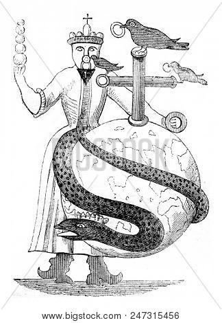 Frontispiece of a grimoire of the fifteenth century, vintage engraved illustration. Magasin Pittoresque 1841.