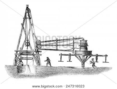 Artesienne Fontaine de Grenelle, and rut to remove and lower the probe, vintage engraved illustration. Magasin Pittoresque 1841.