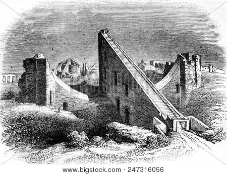 View of Jantar Mantar, or royal observatory in Delhi in Hindustan, vintage engraved illustration. Magasin Pittoresque 1841.