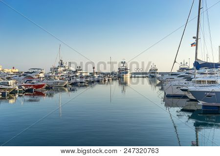 Sochi, Russia-june 14, 2018: Sea Port With Many Yachts And Boats On The Pier