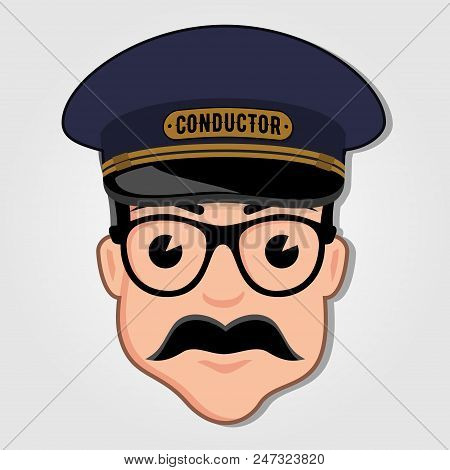 Train Conductor Cartoon Face With Glasses. Vector Illustration.