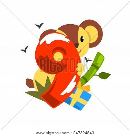 Sweet Coala Bear And Number Nine, Happy Birthday, Anniversary Number With Cute Animal Character Vect