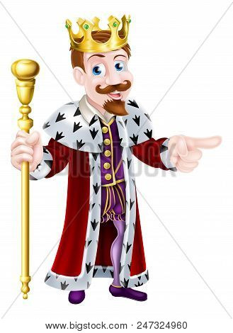 Friendly King Cartoon Character Wearing A Crown, Holding A Sceptre And Giving A Thumbs Up