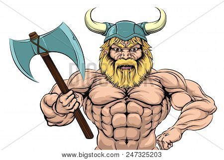 Viking Warrior Sports Team Mascot Holding An Axe