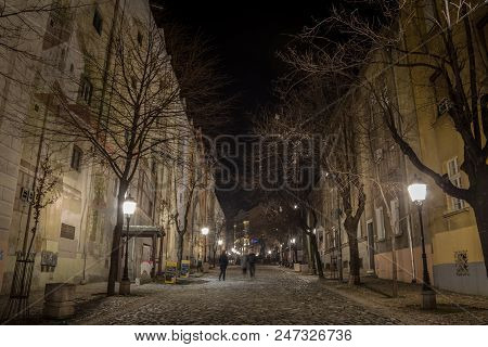 Belgrade, Serbia - February 14, 2015: Skadarlija Street (also Known As Skadarska) At Night With Its 