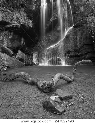 Stunning Black And White Waterfall Landscape At Roughting Linn In Northumberland National Park In En
