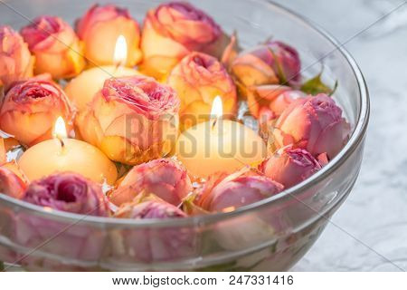 Beautiful Pink Roses And Candles For Spa Background