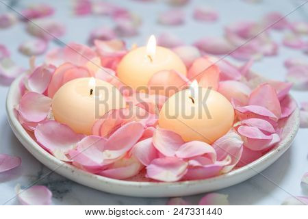 Beautiful Pink Roses And Candles For Spa Background