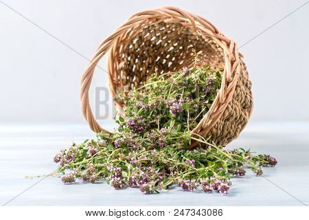 flowering oregano in a basket on a wooden table