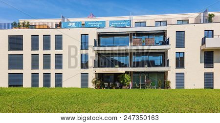Bremgarten, Switzerland - June 16, 2018: New Residential Buildings Along Augraben Street In Bremgart