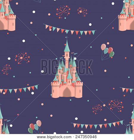 Amusement Park Seamless Pattern With Pinkprincess Castle, Air Balloons And Fireworks. Vector Illustr