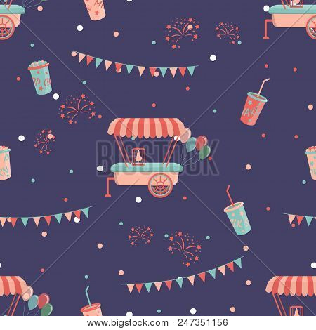 Amusement Park Seamless Pattern With Candy Car, Milk Shake And Pop Corn. Vector Illustration.