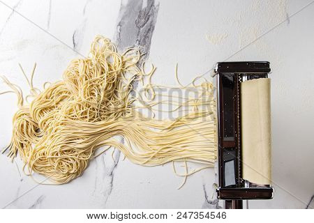 Rolled Dough For Homemade Italian Uncooked Pasta Spaghetti From Pasta Machine Maker With Semolina Fl