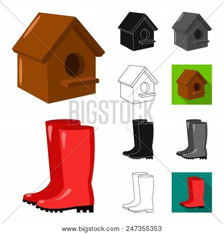 Farm And Gardening Cartoon, Black, Flat, Monochrome, Outline Icons In Set Collection For Design. Far