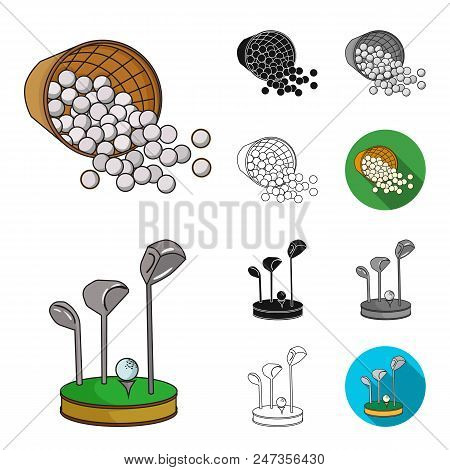 Golf And Attributes Cartoon, Black, Flat, Monochrome, Outline Icons In Set Collection For Design.gol
