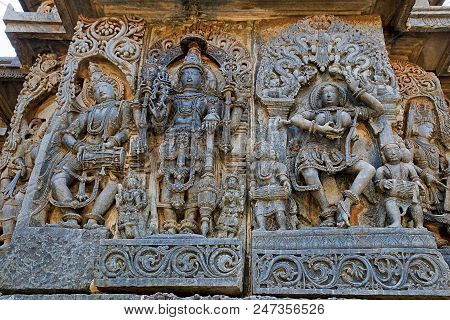 Ornate Wall Panel Reliefs Depicting From Left Deity Playing Damaru, Vishnu And Dancing Sarswati, Hoy