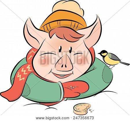 Cute Little Piglet Dredded Like A Child, The New Year Symbol, Playing With Bird And Smiling