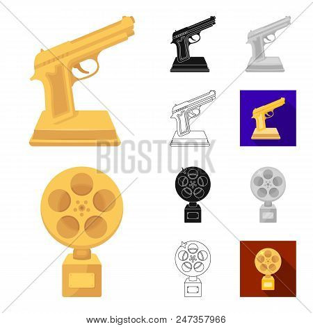 Film Awards And Prizes Cartoon, Black, Flat, Monochrome, Outline Icons In Set Collection For Design.