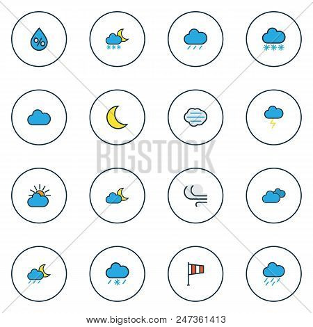 Climate Icons Colored Line Set With Freeze, Thunderstroke, Percent And Other Cloudburst Elements. Is