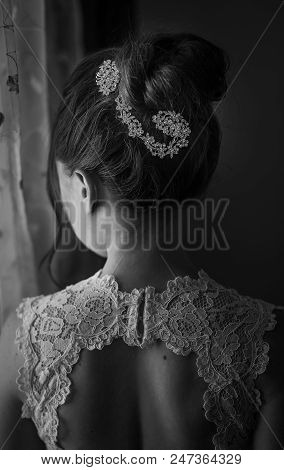Beautiful Bride With Fashion Wedding Hairstyle - On White Background.closeup Portrait Of Young Gorge