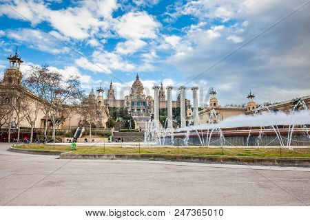 Barcelona - March, 2018: Magic Fountain Of Montjuic And The Museu Nacional De Art De Catalunya