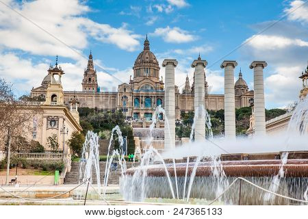 Barcelona - March, 2018: Magic Fountain Of Montjuic And The Museu Nacional De Art De Catalunya