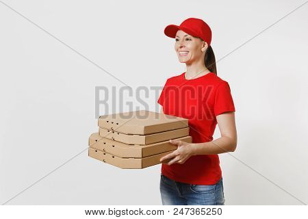 Woman In Red Cap, T-shirt Giving Food Order Pizza Boxes Isolated On White Background. Female Pizzama