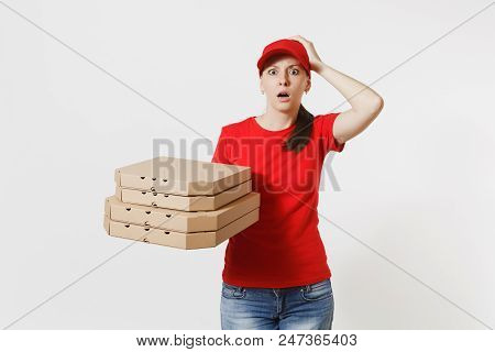 Woman In Red Cap, T-shirt Giving Food Order Pizza Boxes Isolated On White Background. Female Pizzama