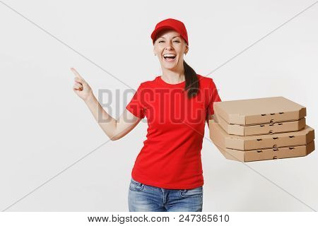 Woman In Red Cap, T-shirt Giving Food Order Pizza Boxes Isolated On White Background. Female Pizzama