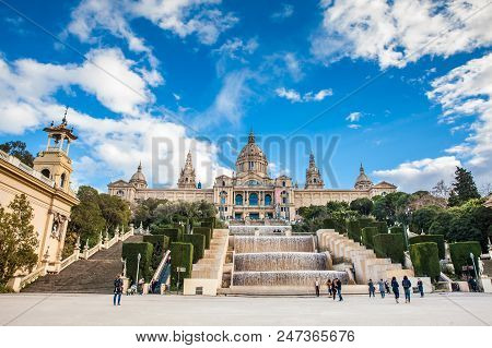 Barcelona - March, 2018: Magic Fountain Of Montjuic And The Museu Nacional De Art De Catalunya