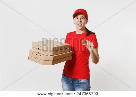 Delivery Woman In Red Cap, T-shirt Giving Food Order Italian Pizza In Cardboard Flatbox Boxes Isolat