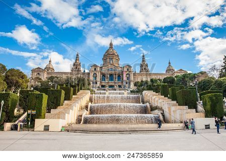 Barcelona - March, 2018: Magic Fountain Of Montjuic And The Museu Nacional De Art De Catalunya