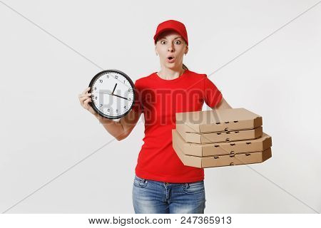 Woman In Red Cap, T-shirt Giving Food Order Pizza Boxes Isolated On White Background. Female Pizzama