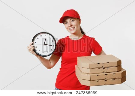 Woman In Red Cap, T-shirt Giving Food Order Pizza Boxes Isolated On White Background. Female Pizzama