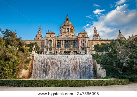 Barcelona - March, 2018: Magic Fountain Of Montjuic And The Museu Nacional De Art De Catalunya