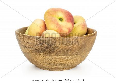 Fresh Ripe Saturn Peaches In A Wooden Bowl Isolated On White Background