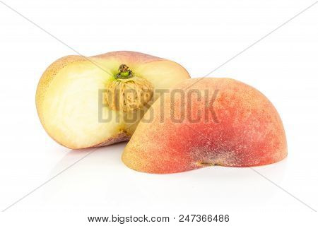 Sliced Fresh Ripe Saturn Peach Isolated On White Background Two Halves