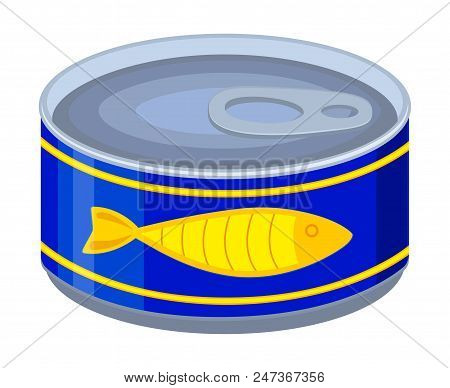 Colorful Cartoon Canned Fish. Simple Supply For Domestic Animal. Cat Food Vector Illustration For Ic