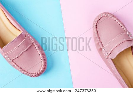 Stylish Female Shoes In Pastel Colors. Beauty And Fashion Concept. Flat Lay, Top View