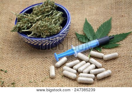 Hash Oil Phoenix Tears Medicine In Little Syringe With Dry Marijuana Buds And Cannabis Leaf.