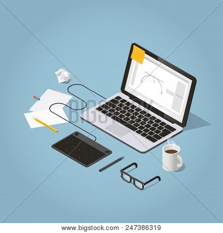 Vector Isometric Illustration Of Freelancer Workspace. Laptop With Graphic Design Software, Graphics
