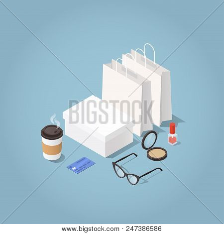 Vector Isometric Illustration Of Clothes And Cosmetics Shopping. Shopping Bags, Shoe Box, Woman Glas