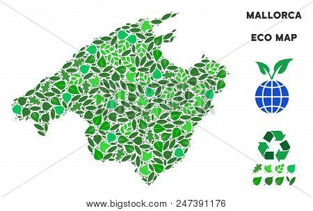 Ecology Spain Mallorca Island Map Composition Of Floral Leaves In Green Color Tints. Ecological Envi