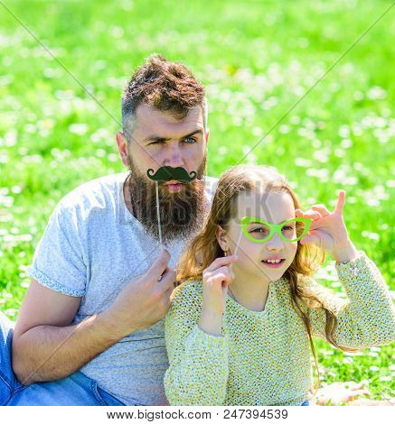 Father Posing With Mustache And Child Posing With Eyeglasses Photo Booth Attribute. Dad And Daughter
