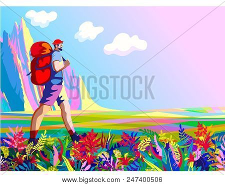 Illustration Of A Hiking Man With Mountains, Fields And Flowers